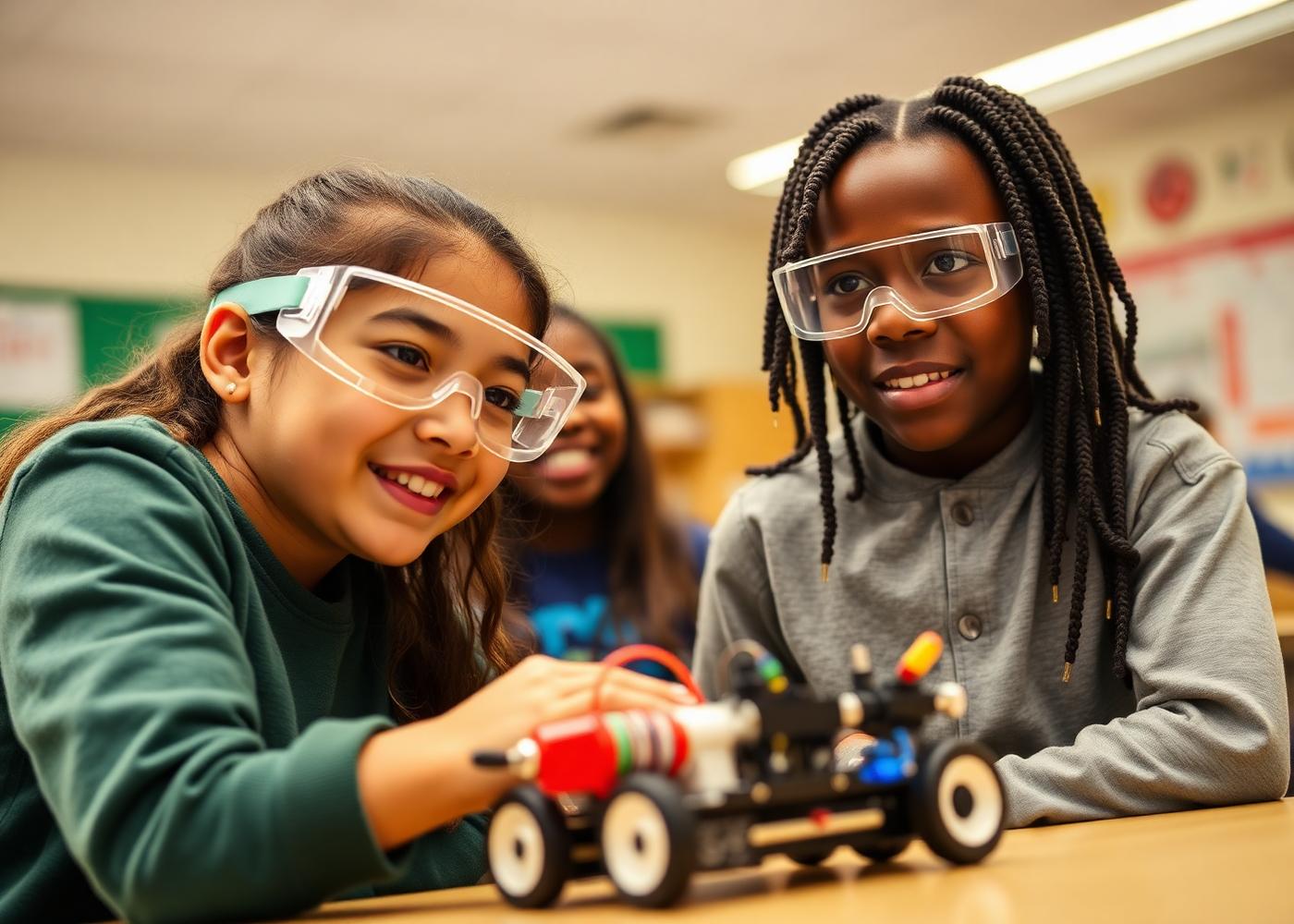 Middle school students collaborating on a robotics project